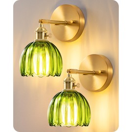 EDISHINE Wall Sconces Set of Two, Vintage Wall Lighting Fixture with Green Tulip Glass Lampshade 180 Degree Adjustable & Hardwired, Wall Lamp for Bedroom Bathroom Brass Wall Decor Set of 2