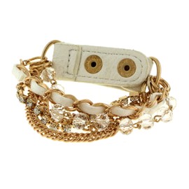 Mi Amore Gold-Tone Chain Link Multi-Strand Bracelet with Rhinestone Accents and White Faux Leather Strap with Snap Closure TMB122