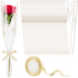 CLUEWR 100 Pack Single Rose Sleeves, Flower Bouquet Bags Single Flower Wrapping Bags with Ribbon for Valentine's Day, Wedding, Birthday, Florist Supplies (White)