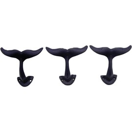 Rustic Dark Blue Cast Iron Whale Tail Wall Hooks, 4 1/2 Inches, Set of 3