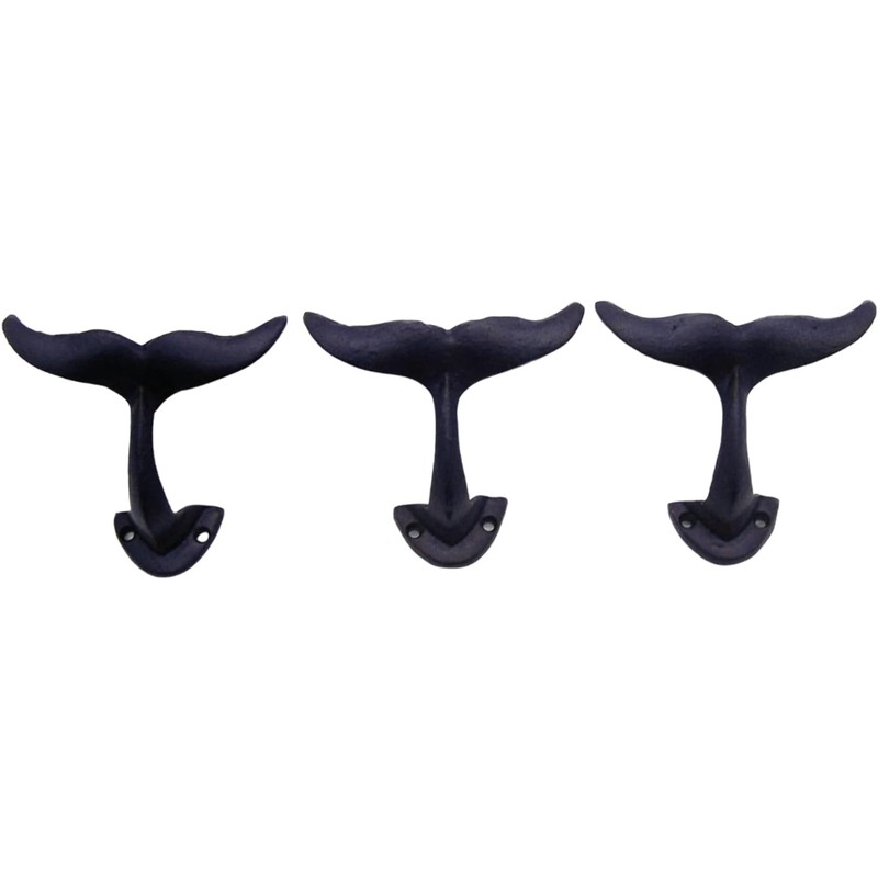 Rustic Dark Blue Cast Iron Whale Tail Wall Hooks, 4