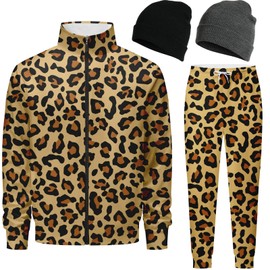 Spanoous Retro 80s 90s outfit for men Leopard tracksuits sweatsuits for men 2 piece set Athletic Jogging Warm Up Full Zip with 2 Knit Beanie hat 02-L