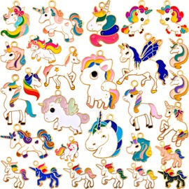 Anjulery 28 Pieces Enamel Unicorn Charms for Necklaces, Bracelets, Keychains, Earrings, Bookmarks, Pendants, Wine Glass Charms, Stitch Markers, Crafts (28Pcs Unicorn-D)