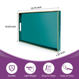 Gifturbo Teal Serving Tray,Rectangular Serving Trays with Handles, Plastic Coffee Table Tray Decorative Tray for Ottoman,Living Room, Bathroom, 15.7” x 10.2” x1.37”