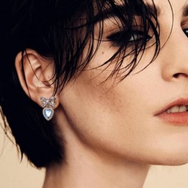 Sonateomber Silver Bow Heart Dangle Drop Earrings for Women, Valentines Aquamarine Blue Rhinestone Ribbon Birthstone Love Earing Dangling Prom Fashion Jewelry Gift.