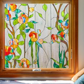 Kromapolis Window Privacy Film Stained Glass Faux 3D Rose Decorative UV Sun Blocking Static Window Clings Non Adhesive Glass Stickers for Home Bathroom (Textured, 23.6 x 35.4 inch)