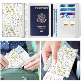 DPXMKE Passport Holder Cover Wallet Case for Travel Essentials, Leather Slim Cute RFID Travel Passport Card Case for Women and Men Boho Flower Plants