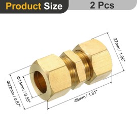sourcing map 2Pcs Brass Compression Tube Fitting, 14 mm Tube OD Connector, NPT Thread Compression Union Connectors & Compression Sleeves Ferrules, Brass Straight Coupling Adapter