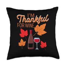 Pilgrim Costume Thanksgiving Shirt Turkey Meat I'm Thankful for Wine Funny Thanksgiving Dinner Autumn Fall Throw Pillow, 18x18, Multicolor