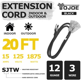 YOJOE 3-Outlets Indoor Outdoor Extension Cord with Lighted End, 3 Prong 15A Weatherproof Power Cord, 12 Gauge Heavy Duty 20 ft Black Extension Cord Multiple Outlets, 12/3 SJTW UL Listed