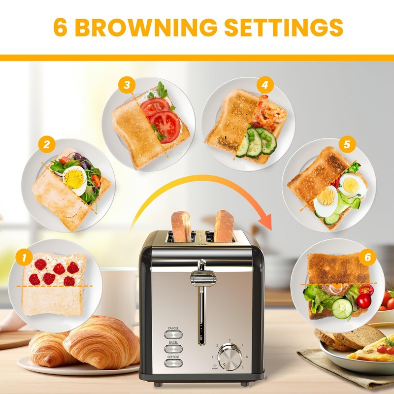 Simple Deluxe 2-Slice Toaster, Stainless Steel Toaster, 6 Browning Setting