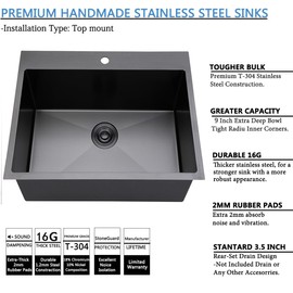 SHACO 18x18 Inch Drop In Black Bar Sink, 18 Inch Gunmetal Black Small Kitchen Sink, Stainless Steel 16 Gauge Single Bowl Laundry Prep RV Sink with Strainer Drain