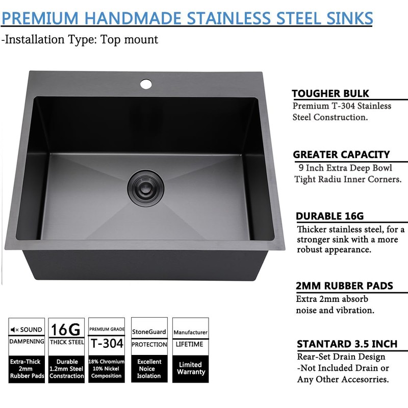 SHACO 18x18 Inch Drop In Black Bar Sink, 18 Inch