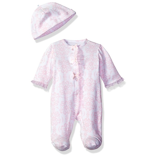 Little Me Baby Girls' 2-Piece Damask Scroll Footie and Cap Set, Preemie
