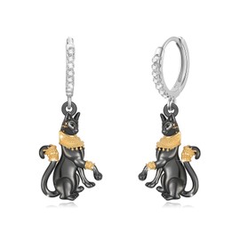 Egyptian Cat Earrings Sterling Silver Bastet Goddes Cat Kitty Dangle Earrings Ancient Egyptian Jewelry Black Cat Gifts for Women