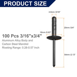 sourcing map 50Pcs 3/16"x3/4" Aluminum Blind Rivets, Large Head Multi Grip Aluminum Steel Mandrel Rivets Fasteners for Metal, Furniture, Automotive, Black