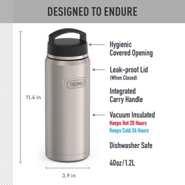 THERMOS ICON SERIES Stainless Steel Water Bottle with Screw Top Lid - 40 Ounce, Matte Stainless Steel - Vacuum Insulated Water Bottle with Lid