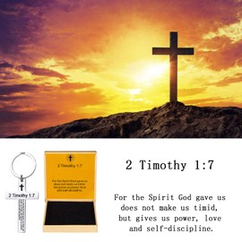 Ldurian Cross Keychains for Christian - Christian Key Chain for Men Stainless Steel Religious Key Rings Bible Verse Keychain, Stainless Steel, 2 Timothy 1:7