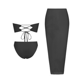 ZAFUL Womens 3pcs Swimsuit Floral Print Bandeau Bikini Set Triangle Bottom with Long Sheer Cover Up Skirt Black L