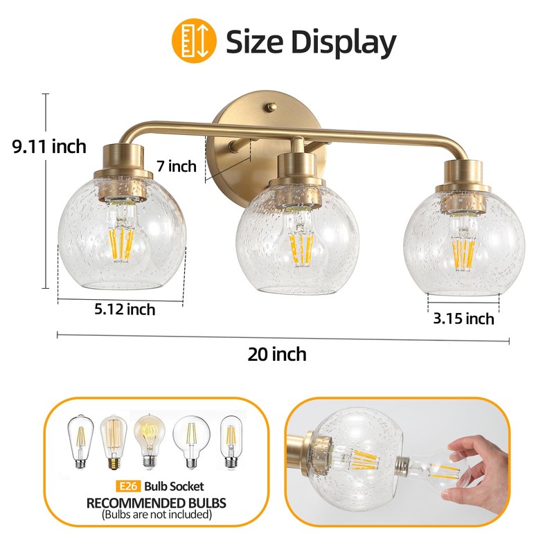 Watyo Bathroom Light Fixtures Gold Vanity Light 3 Light Wall
