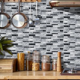 Alwayspon 12 Pcs Peel and Stick Backsplash Vinyl Marble Tile, Self-Adhesive Tile Transfer Sticker Stick on Tiles for Kitchen Bathroom, 9.68x4.72inch/24.6x12cm, Black Gray Silver Marble Effect