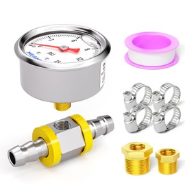 MEANLIN MEASURE 0-15Psi Stainless Steel Glycerin Filled Pressure Gauge 1/8" NPT 1.5" Face Dial, with 3/8" Line Pressure Adapter, 9-Piece Kit, Back Mount