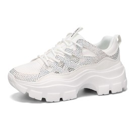 LUCKY STEP Women 90S Chunky Platform Rhinestone Sneakers-Casual Lace-Up Walking Dad Sneakers(White Rhinestone,10 B(M) US)