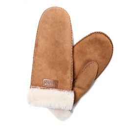 YISEVEN Women's Rugged Sheepskin Shearling Mitten Sherpa Gloves Fur Cuff Thick Wool Lined and Heated Warm for Winter Cold Weather Dress Driving Work New Year Gifts, Camel Medium