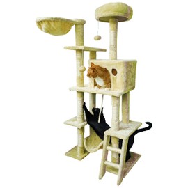Beige Cat Tree Tower for Indoor Cats & Kittens, 57" Tall Multi-Level with Comfy Perch & Basket, Hideaway Condo, Sisel Scratcher Posts & Ladder, Ball Toys, & Dangling Rope - by SciencePurchase