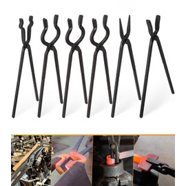 Yoursme Beginner Blacksmith Tongs Set: 1/4 Flat Jaw, Pick Up, Scroll, 3/8, 1/2, 5/8 V-Bit Tongs (6PCS Steel, Black)