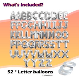 52 Pcs 16 Inch Silver Letter Foil Balloons, 2 Sets of A-Z, Mylar Metallic Balloons Banner Alphabet for Graduation New Year eve Birthday Party Decorations