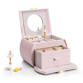 Vlando Ballerina Music Jewelry Box Organizer, Leather Necklaces Rings Hair-Rings Storage Case Holder, Gift for Kids Girls, Barely Pink