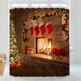 ubnlkto Christmas Shower Curtain, Christmas Socks Xmas Tree Gift Box Fireplace Bathroom Curtain Bathroom Decoration Bathroom Decor Curtain with 12 Hooks 72x72 Inches