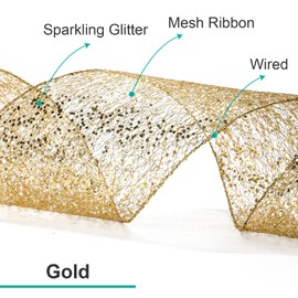 CT CRAFT LLC Sparkling Glitter Mesh Wired Ribbon 2.5" x 10 Yards Gold for Christmas Home Decor Bow Gift Wrapping DIY Crafts Wreath