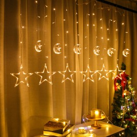 138 Led Curtain String Light Star Moon Icicle Light with 8 Lighting Modes with Timer Remote USB Operated Dimmable Fairy String for Window Wall Home Decoration (Moon and Star)