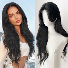 FAVE 26 Inches Long Black Wig Natural Wave Black Wigs Synthetic Black Wigs For Women Middle Part Long Wig Black Wig For Daily Use Pelucas De Mujer