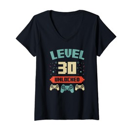 Womens Level 30 Unlocked, 30th Birthday Gift Retro Vintage Gamer V-Neck T-Shirt