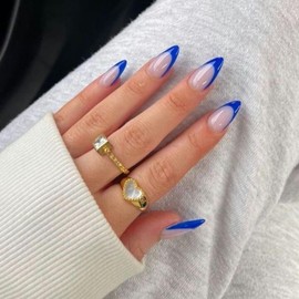 KQueenest 30 Pcs Royal Blue French Tip Press on Nails Short Almond, Natural Nude Fake Nails with Glue, Classic French Glue on Nails Short Stiletto, for Women Daily Wear