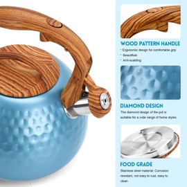 GGC Tea Kettle for Stove Top, Loud Whistling Kettle for Boiling Water Coffee or Milk, 3.1 Quart 3L Heavy Stainless Steel Blue Kettle with Wood Pattern Handle, Unique Button Control Kettle Outlet