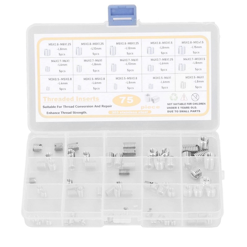 75Pcs Threaded Insert Kit Stainless Steel Silver M3 M4 M5