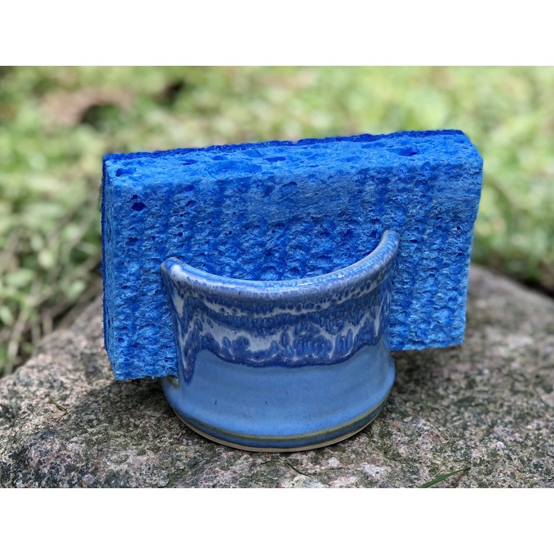 Pottery Sponge Holder/Sink Caddy Handmade Stoneware Ceramic, Blue with Frothy