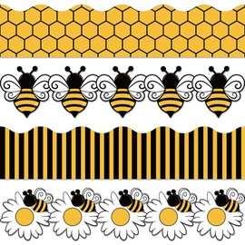 JarThenaAMCS 60 Pcs 70 Ft Back to School Bulletin Board Borders Yellow Black Bee Honeycomb Stripe Flower Scalloped Border Trim for Classroom Chalkboard Wall Office Party Decor Supplies