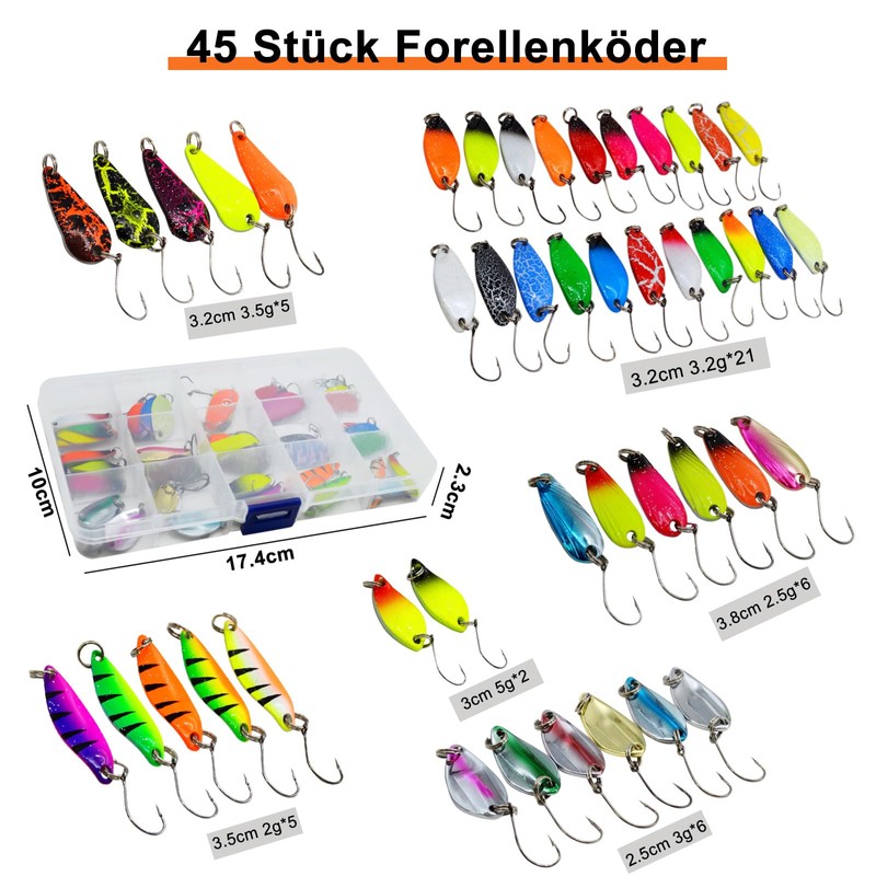 Pack of 45 High Quality Trout Bait Spoon Bait Sets,