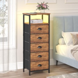 sthmec Nightstand with Charging Station,LED Night Stand with 5 Fabric Drawers, Bedside End Tables, 2-Tier Open Storage Shelf Side Table Nightstands with Drawers for Bedroom,Rustic Brown