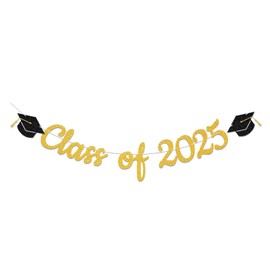 Pre-Assembled Class of 2025 Banner Graduation Decorations Congratulations on High School and College Graduation, Classroom Celebrations, Glitter Banners, Family Class Party Walls Decorations(Gold)