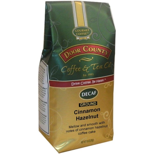 Door County Coffee, Cinnamon Hazelnut Decaf, Flavored Coffee, Medium Roast, Ground Coffee, 10 oz Bag