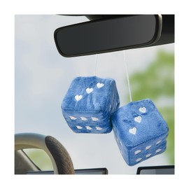 Gasedin 1 Pair Fuzzy Plush Dice for Car Mirror, 3'' Retro Square Dice with Heart-Shape, Plush Retro Dice Hanging Ornament, Universal Interior Hanging Dice Decor for Men Women (Blue)