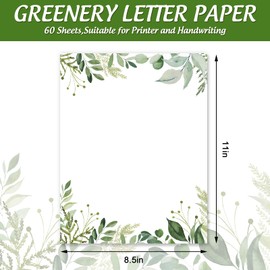AnyDesign 60 Sheets Greenery Stationery Paper Green Leaves Border Letterhead Paper 8.5 x 11 In Watercolor Spring Summer Letter Writing Papers for Notes Greeting Card Invitation Office School Printing