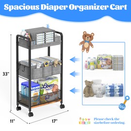 GLISWAM 2In1 Baby Diaper Caddy Cart, 3-Tier Rolling Diaper Organizer Cart with Dividers, Mobile Metal Utility Cart with Wheels for Newborn Nursery Essentials Diaper Storage, Bedside Cart, Black