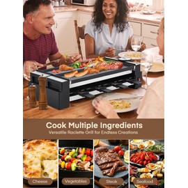 FOHERE Raclette Grill, 2-in-1 Rotatable Electric Indoor Raclette Table Grill, 1400W Raclette Machine for 8 with Reversible Non-Stick Plates, Includes 8 Cheese Pans for Family and Parties Fun